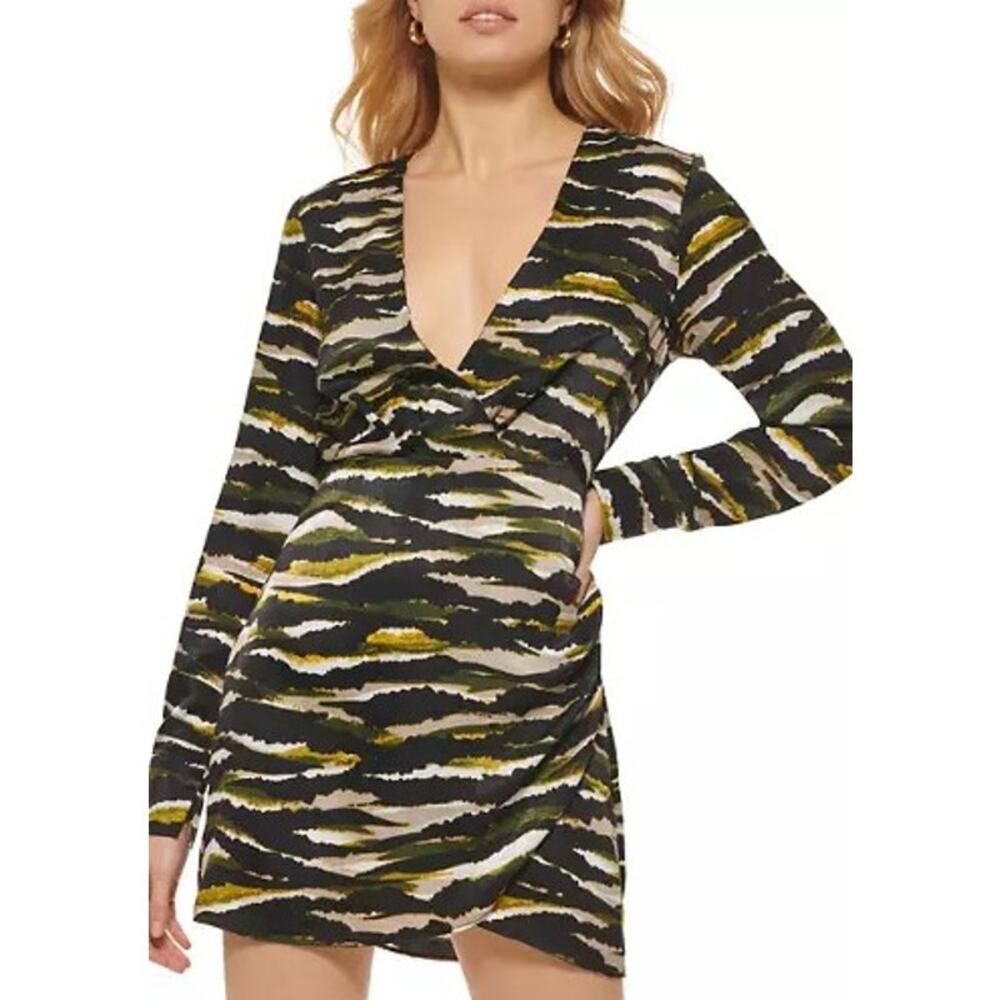 DKNY Abstract Faux Wrap Mini Satin Sheath Dress Green Camo Size 12